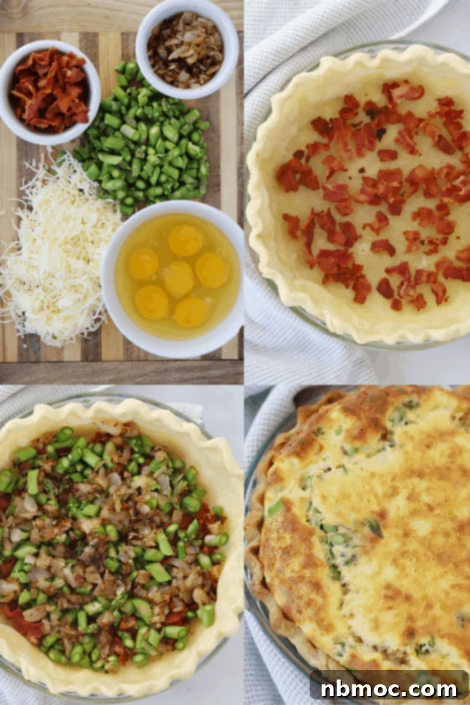 Various ingredients for asparagus bacon quiche laid out, including fresh asparagus, bacon, cheese, and eggs, highlighting what's needed for the best quiche recipe.