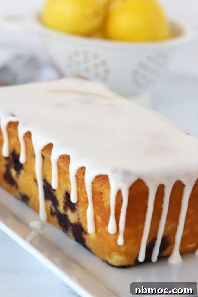 Bright Blueberry Lemon Loaf 2 A beautifully baked lemon blueberry bread loaf with a lemon glaze drizzled over the top, ready to be sliced and served.