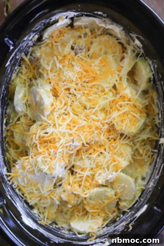 Hearty Slow Cooker Ham and Cheese Scalloped Potatoes 4 Scalloped Potatoes and Ham Slow Cooker recipe, topped with shredded cheese.