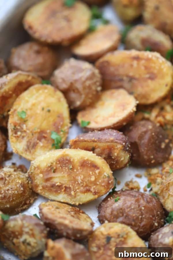 A sheet pan with roasted fingerling potatoes topped with fresh herbs, showcasing tiny potatoes and potato cracklins.