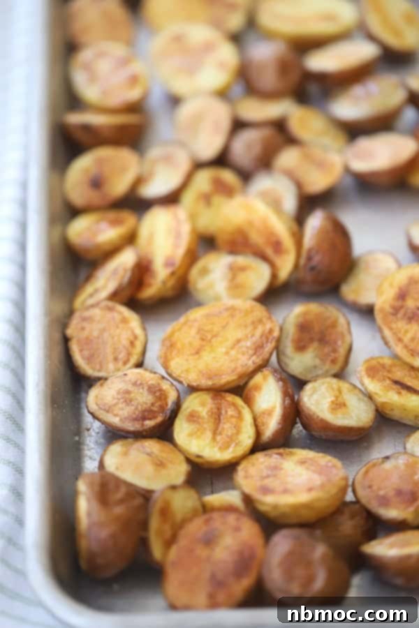 Oven roasted fingerling potatoes sliced in half on a baking sheet, featuring rosemary fingerling potatoes and fingerling potato recipes.