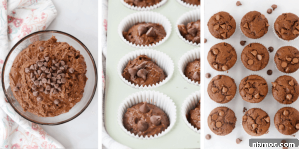Decadent Double Chocolate Muffins 3 Chocolate chocolate chip muffin batter in a bowl, then added into cupcake liners for baking, illustrating the baking process.