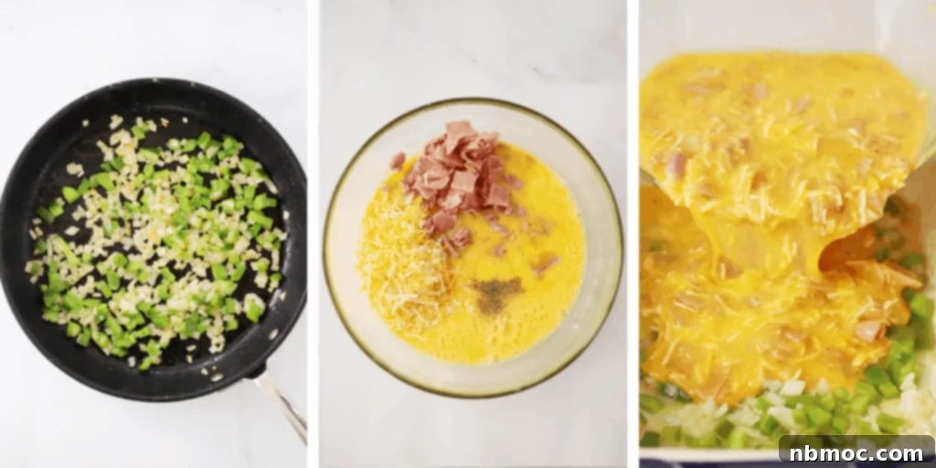 Simple Denver Omelet Breakfast Bake 4 Step-by-step process of making a baked Denver omelette.