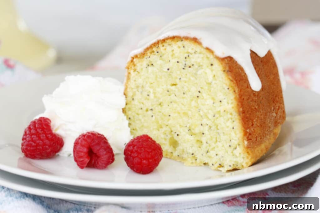 lemon poppy cake on a white plate served with whipped cream