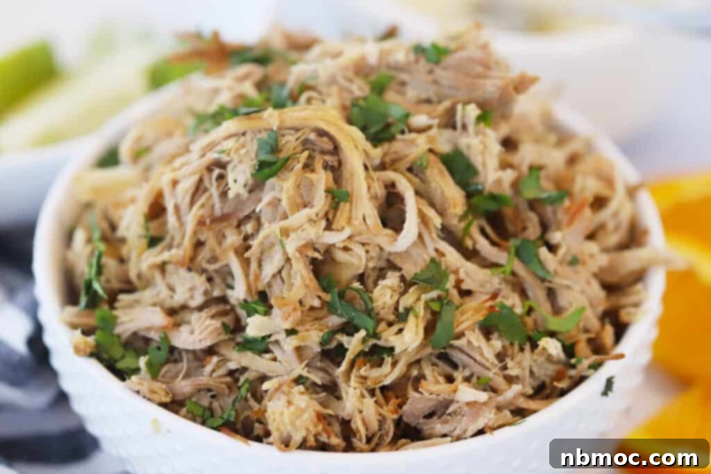 Crispy Slow Cooker Carnitas Tacos 5 A bowl of slow cooker pork carnitas meat, ready for serving.