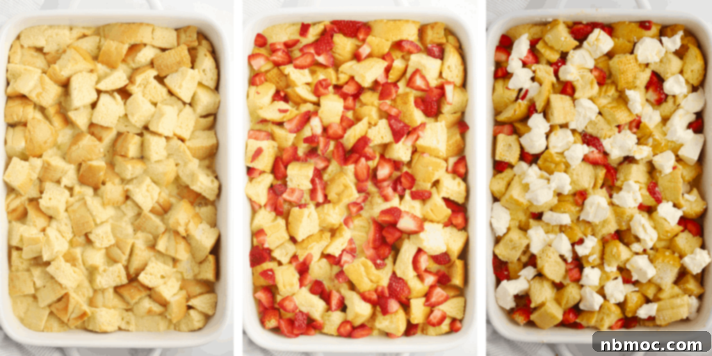 Step-by-step process of making strawberry French toast bake, showing bread soaking in custard with strawberries and cream cheese.