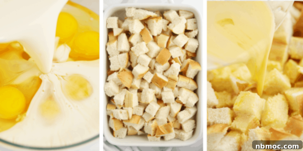 Patriotic French Toast Bake 3 How to assemble this blueberry stuffed French toast with custard and cubed bread in a baking dish.