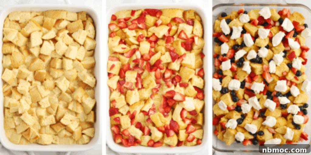 Patriotic French Toast Bake 4 A baking dish with cubed bread and custard stuffed with strawberries, blueberries, and cream cheese for a red white and blue breakfast.