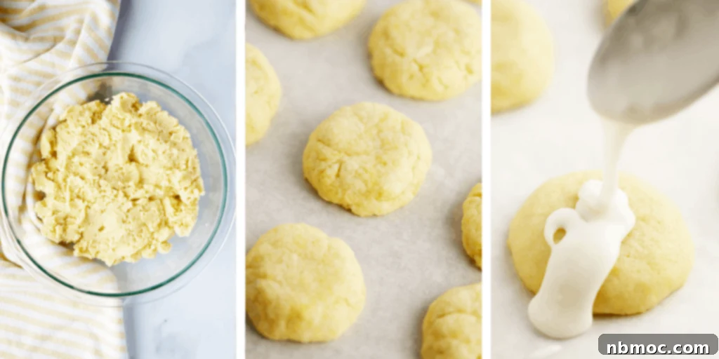 Step-by-step process of how to make glazed lemon meltaway cookies, showing ingredients and mixing stages.
