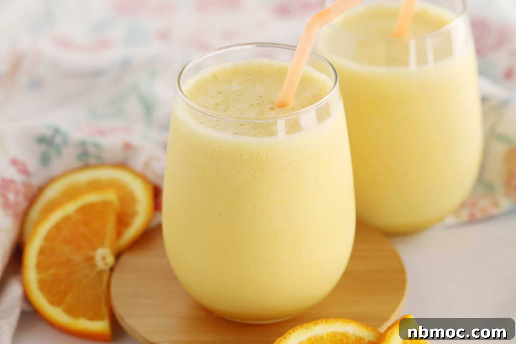 Frothy Orange Dream 5 A table with an Orange Julius poured into a glass with a straw.