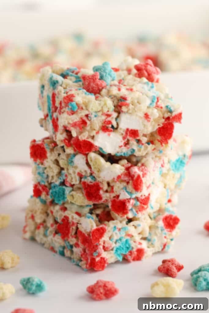 Stars & Stripes Cereal Bars 2 4th of july rice Krispie treats stacked on top of each other.