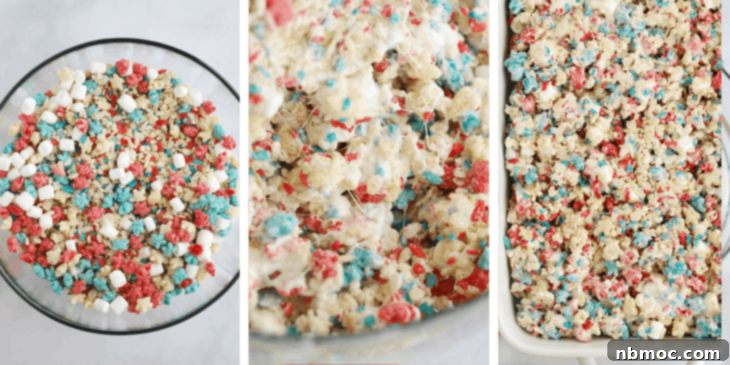 Stars & Stripes Cereal Bars 3 Red white and blue cereals in a bowl with marshmallows, a bowl of melted marshmallows and cereal, and finally a baking dish with the marshamallow cereal mix pressed in.