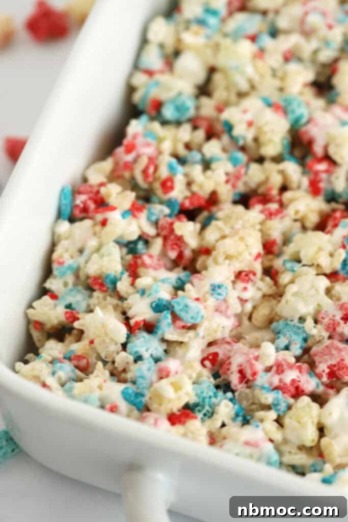 Stars & Stripes Cereal Bars 4 4th of july rice krispies treats in a baking dish.