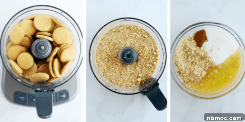 Dreamy Nilla Wafer Pie Crust 3 Nilla wafers in a food processor being turned into crumbs to make a nilla wafer pie crust.