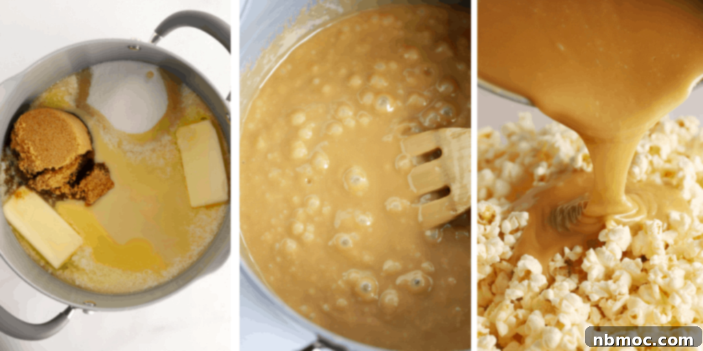 How to make caramel sauce for popcorn in a large pot using butter, brown sugar, sugar, and more.