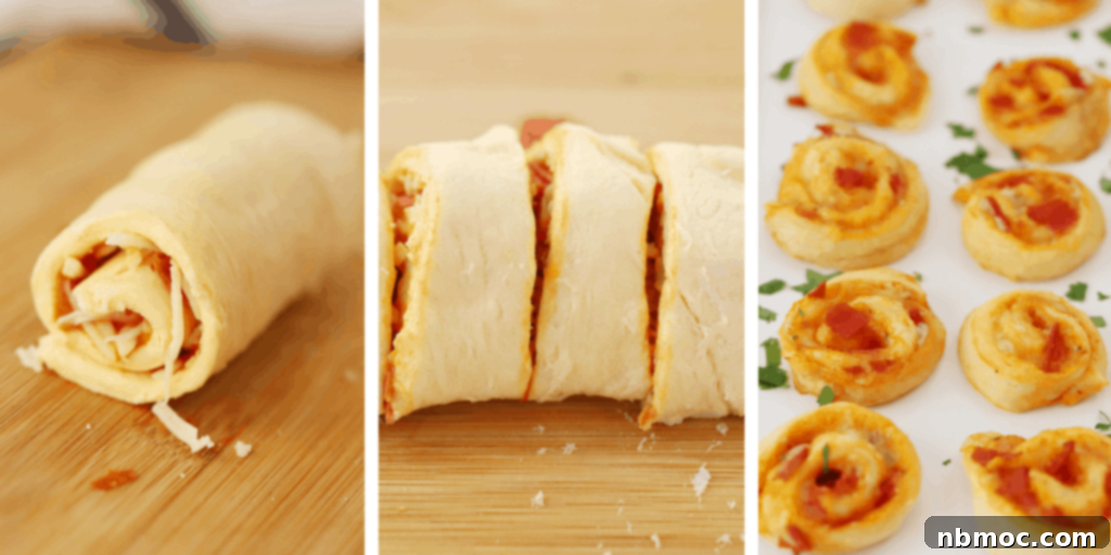 Crescent roll dough filled with pizza ingredients and rolled up to make pizza pinwheels.