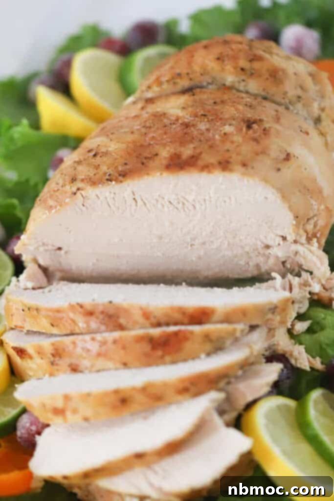 Perfectly sliced slow cooker boneless turkey breast arranged on a platter, showcasing its succulent texture.