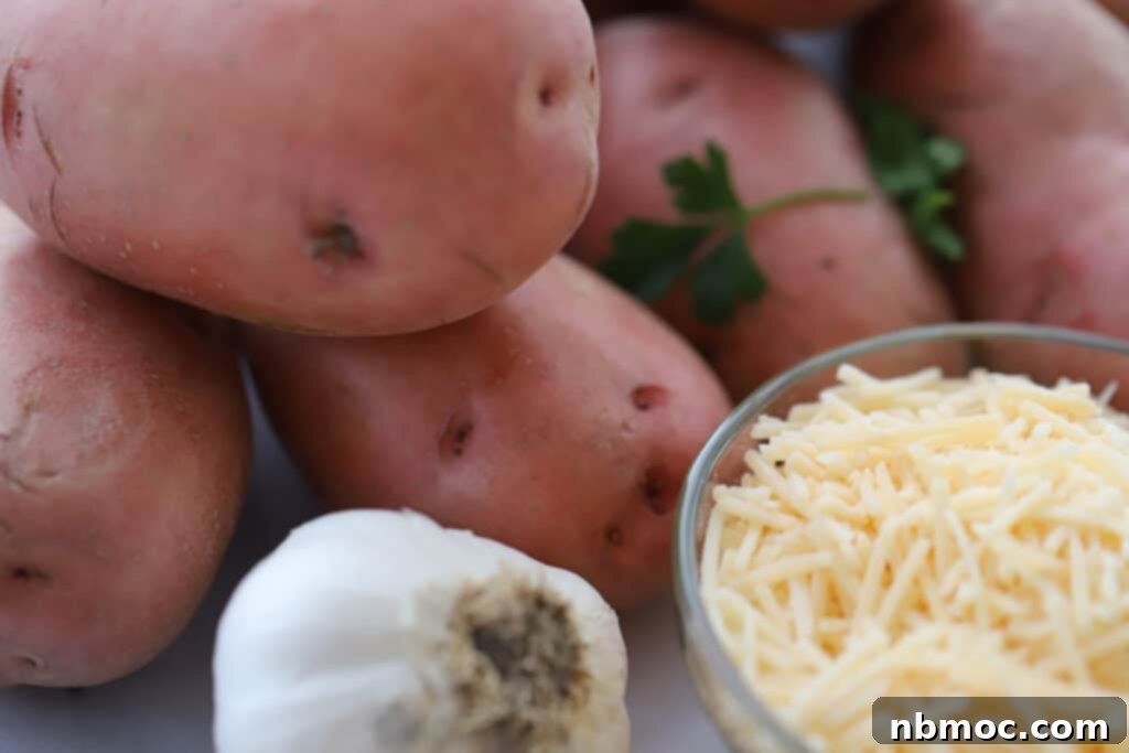 An assortment of whole red potatoes, a full head of garlic, and a ramekin of shredded Parmesan cheese, showcasing the fresh ingredients for making garlic Parmesan mashed potatoes.