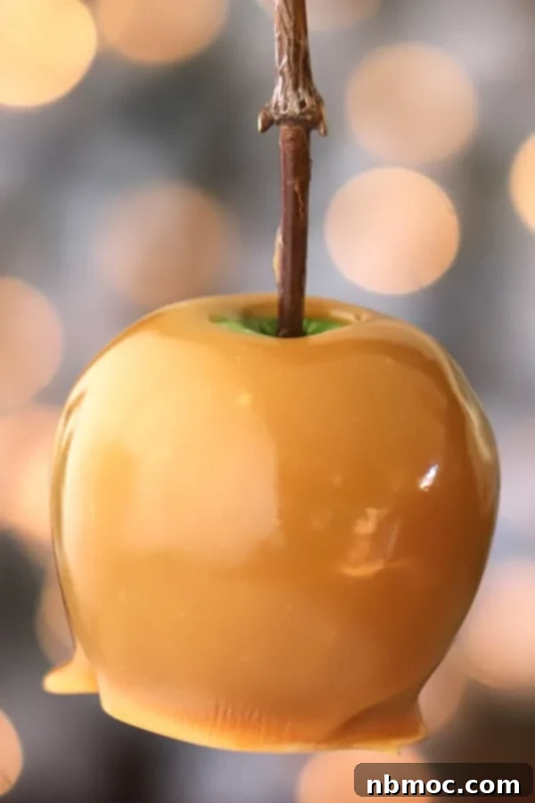 Homemade Caramel Apples with a stick in the center, beautifully decorated.