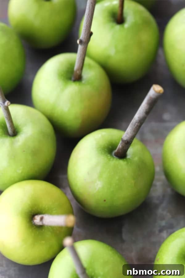 Granny Smith apples with sticks inserted, ready for caramel dipping.