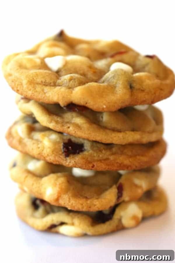 Zesty Cranberry Orange Delights 4 A stack of orange cranberry cookies white chocolate on a counter top. Orange cranberry cookies recipe. Orange cranberry white chocolate cookies. cranberry orange white chocolate cookies.