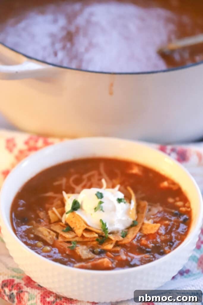 A white serving bowl full of turkey enchilada soup, topped with crispy tortilla strips, a dollop of sour cream, and fresh cilantro.