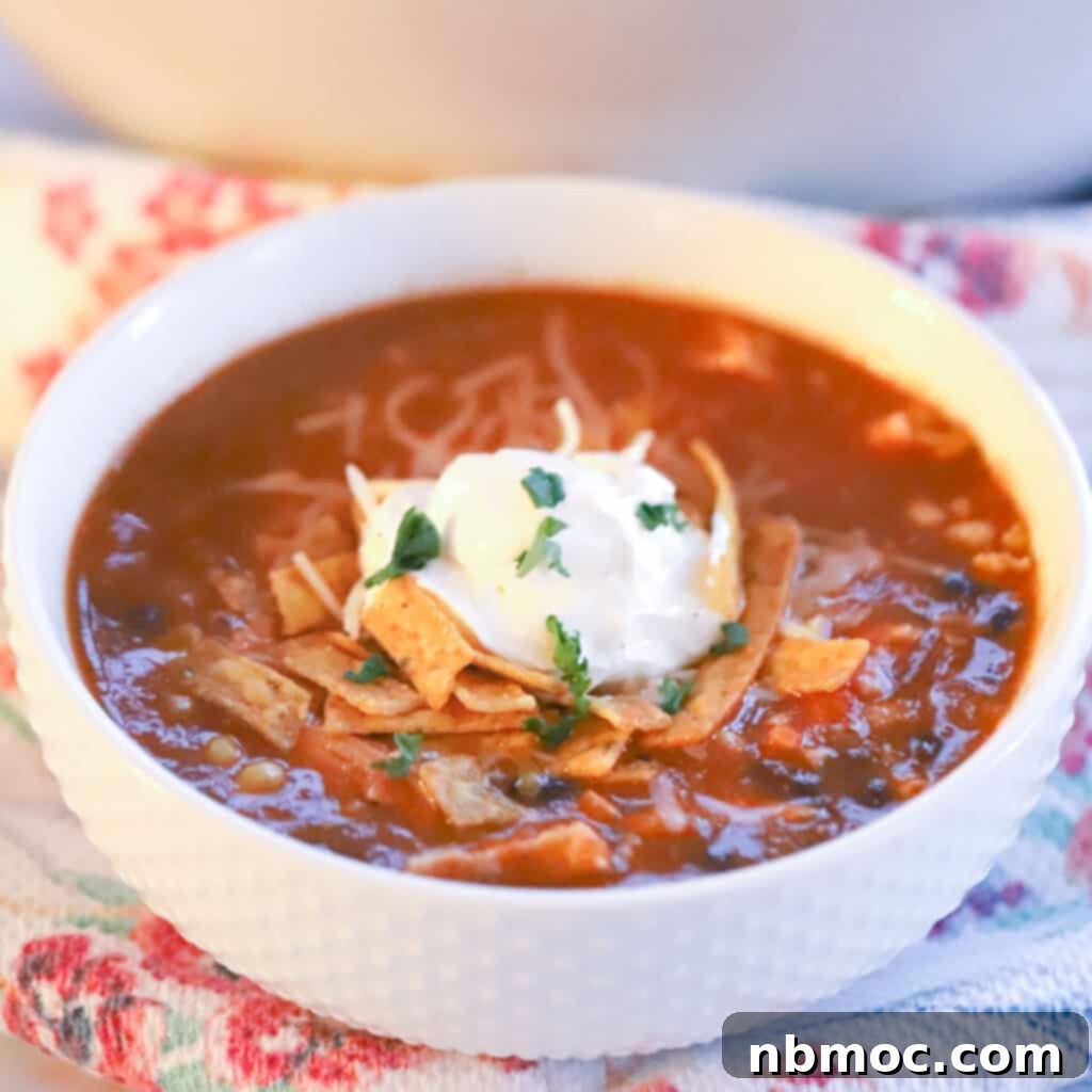 A bowl full of vibrant southwest turkey soup, elegantly topped with crispy tortilla strips and a swirl of sour cream.