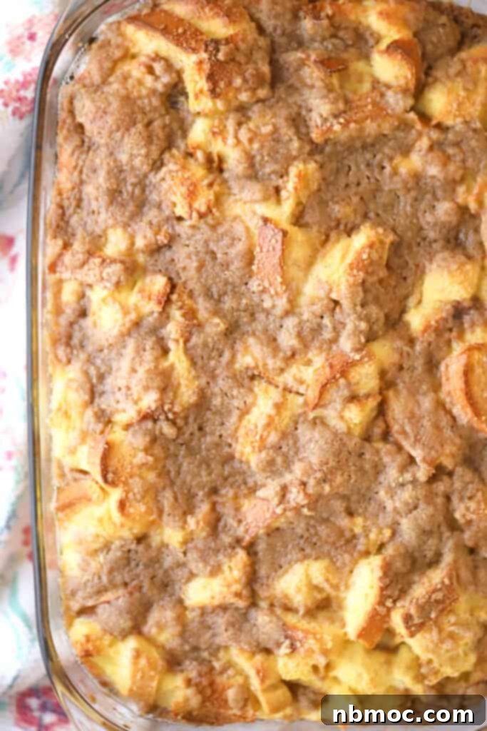 Easy French Bread French Toast bake, cooling in a baking pan and ready to serve.