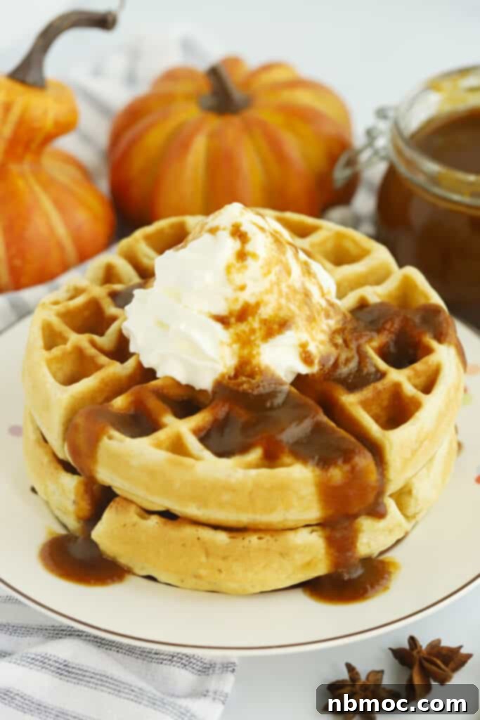 Delicious Belgian waffles on a plate, generously covered with syrup and whipped cream and fresh berries.
