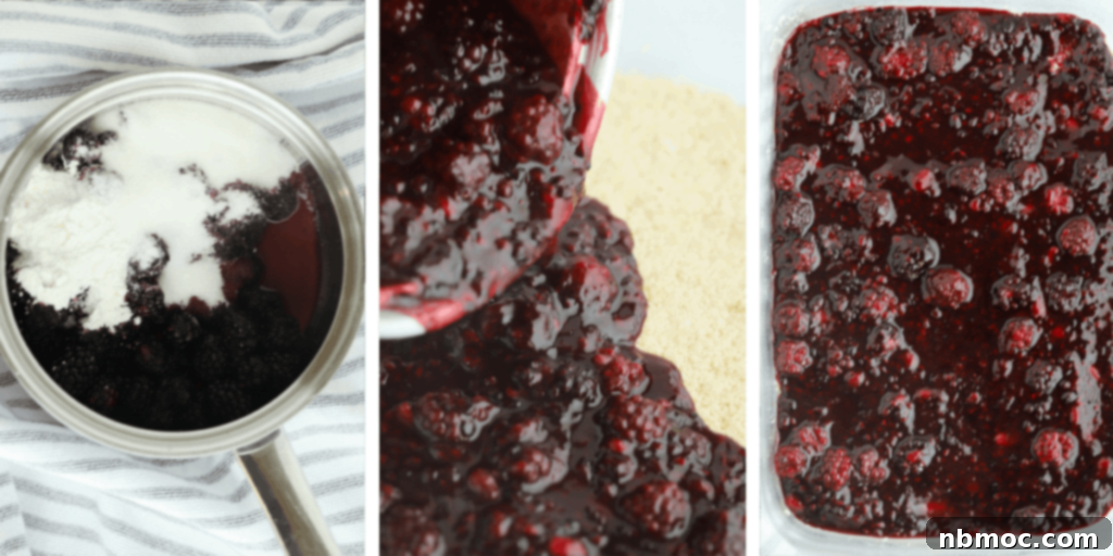 A step-by-step visual guide on how to prepare the blackberry filling for crumb bars.