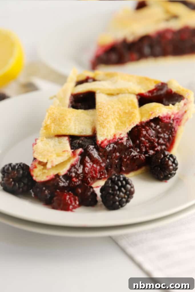 A small plate with a slice of blackberry pie, showcasing its golden crust and dark, bubbling filling.