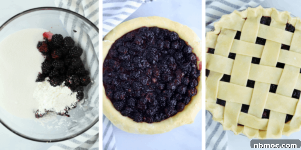 Step-by-step image showing how to prepare the pie crust for a lattice top.