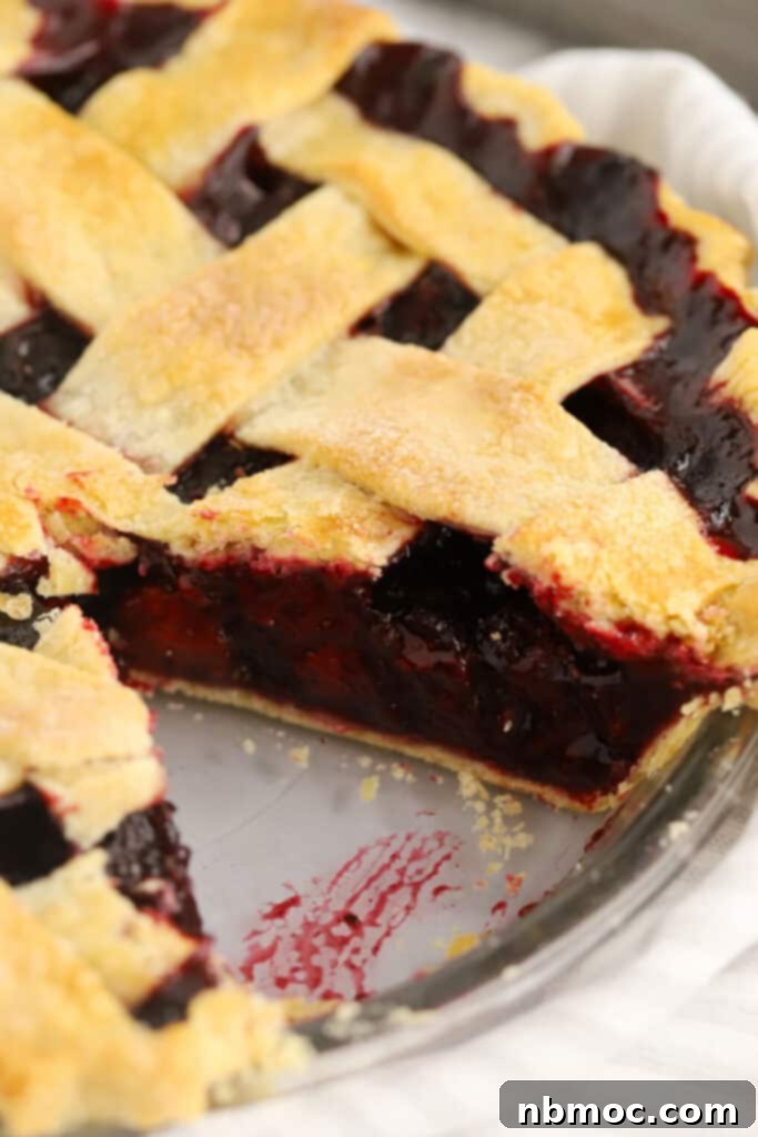 A lattice-topped blackberry pie in a pie dish with a slice neatly removed, ready to be served.