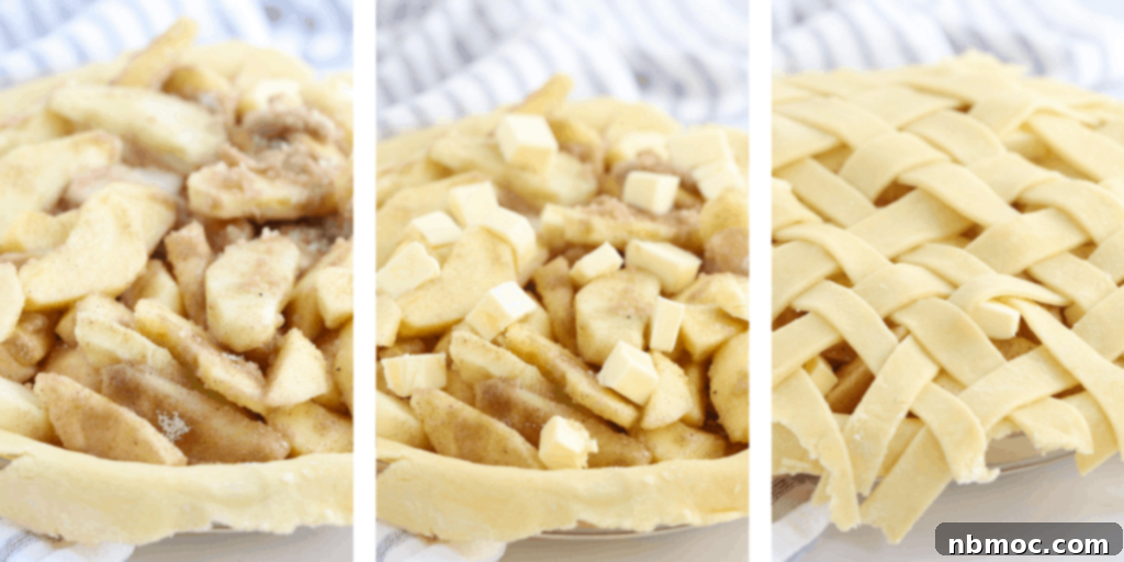 Filling pie crust with spiced apples and topping with a lattice design.