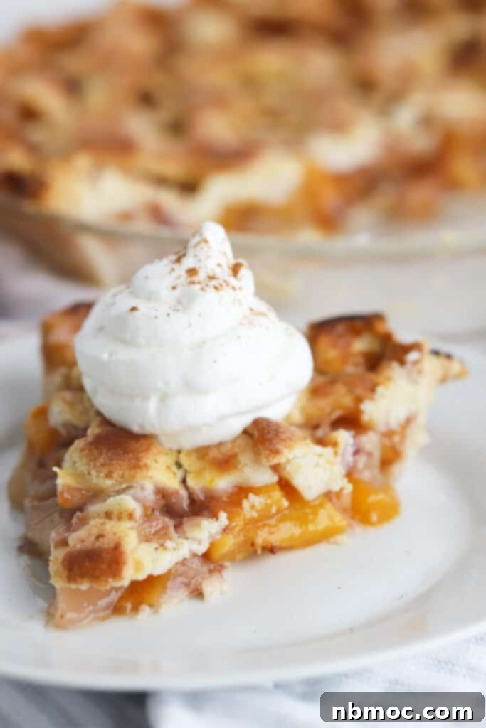 Sun-Kissed Peach Pie 4 A slice of baked peach pie on a white plate topped with fresh whipped cream.