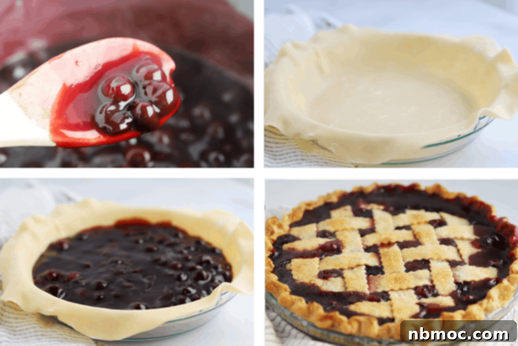 Crimson Delight 4 Four instructional photos showing the process of making sweet cherry pie filling, lining a pie plate, adding the filling, and baking with a lattice top. This method can also be used for a frozen cherry pie recipe, detailing how long to bake a cherry pie for optimal results.