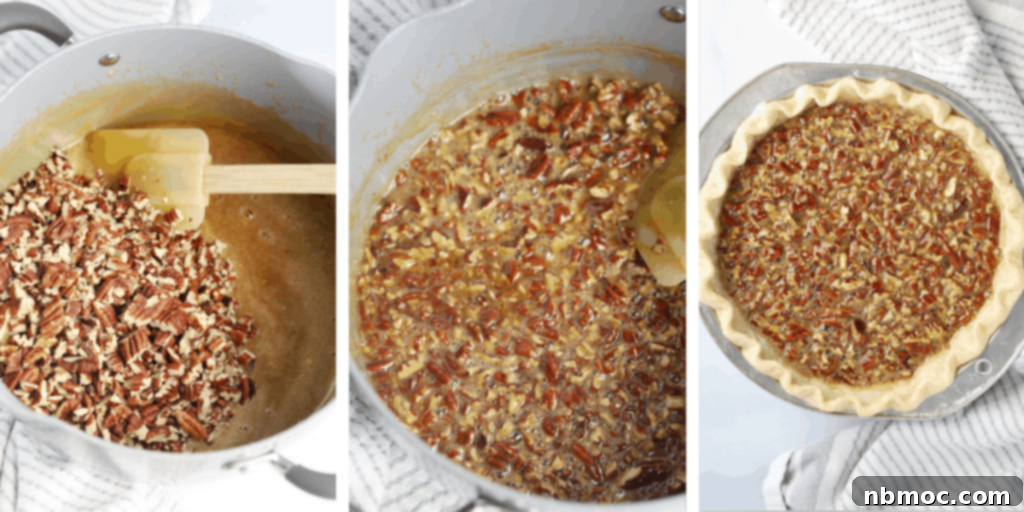 Decadent Caramel Pecan Bliss 5 Mixing the freshly toasted pecans into the warm, luscious caramel filling for pecan pie.