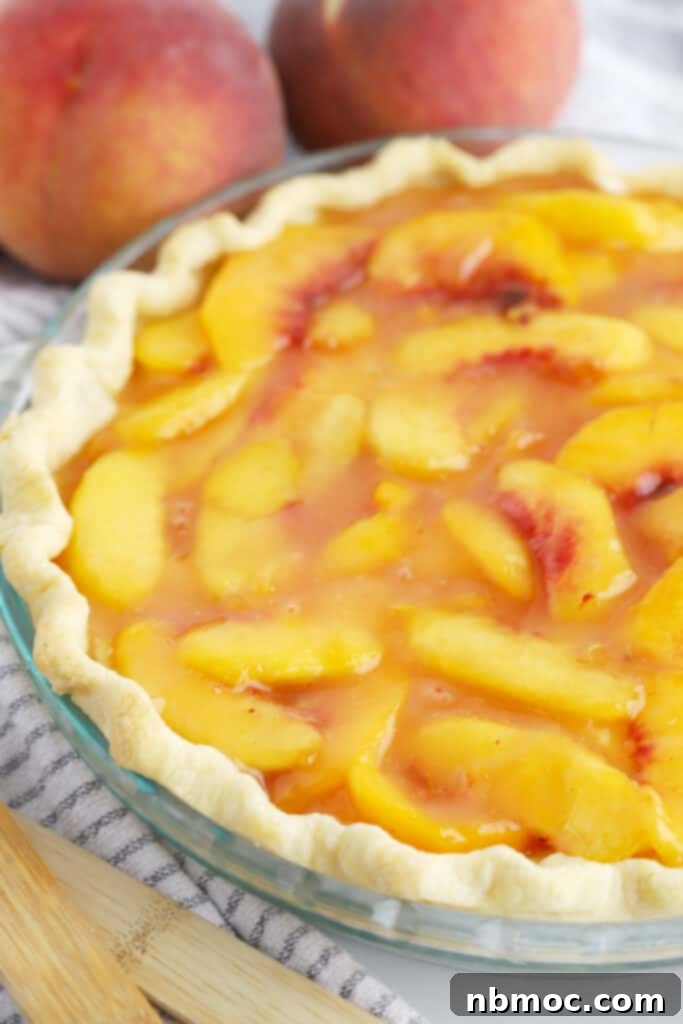 A fresh peach pie inside a flaky pie crust.