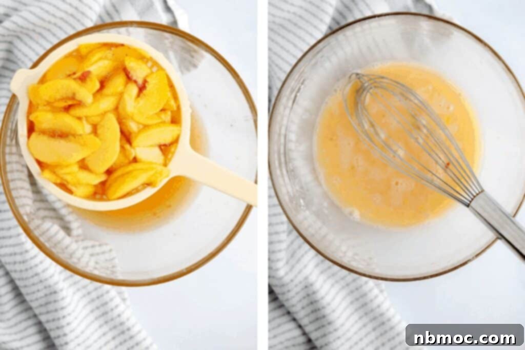 two photos showing the steps for capturing juice for making the fresh peach pie filling recipe.