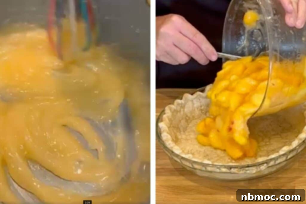 two photos showing making the thickening glaze for the peach pie made from peach juices, lemon juice, sugar, almond extract, butter and water.  Pouring the hot filling into the blind baked pie crust. 