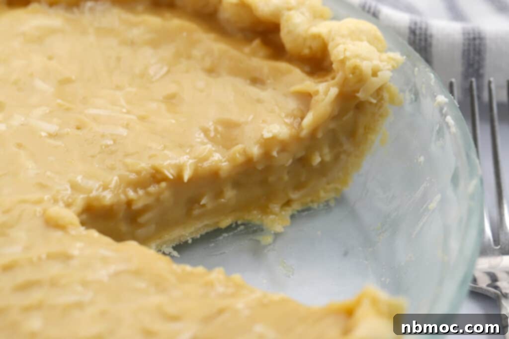 A golden-brown homemade butterscotch pie, fresh from the oven, with a slice already removed, showcasing its creamy interior.