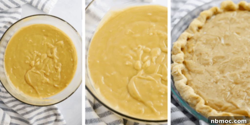 A series of three images: a bowl of creamy pie filling, a closer view of the filling, and the filling being poured into a baked pie crust, ready for chilling.