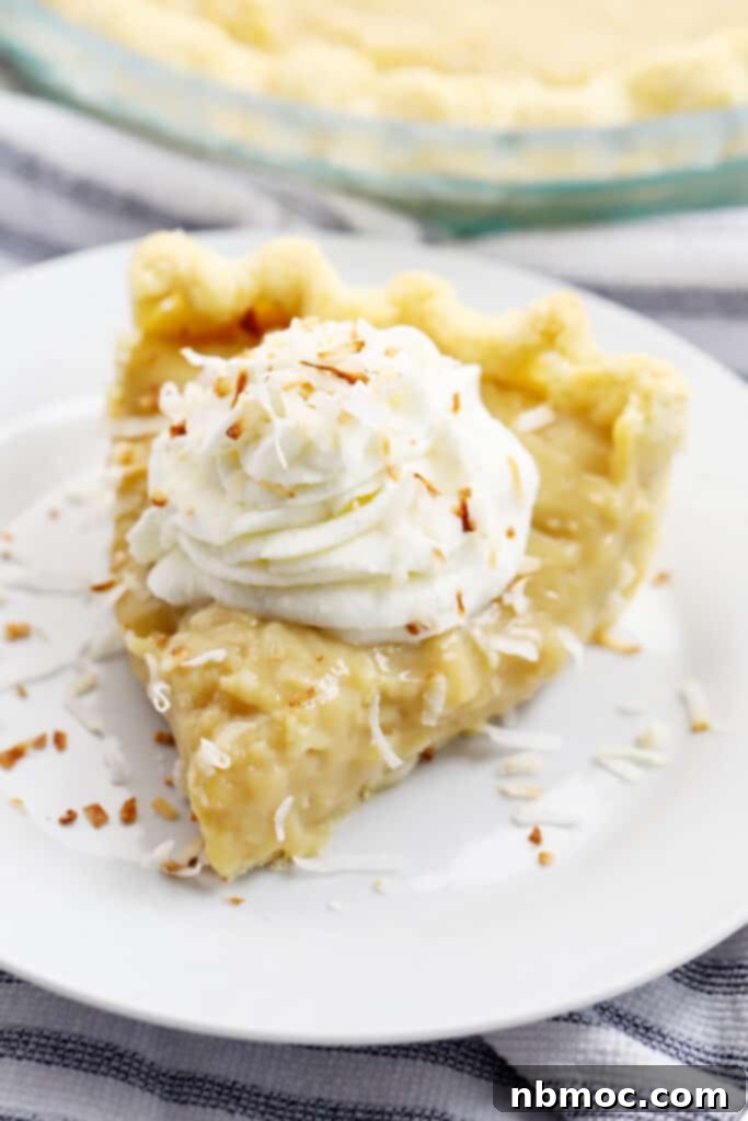 A pristine slice of coconut pie with a generous swirl of whipped cream, presented on a white pie plate, ready to be enjoyed.