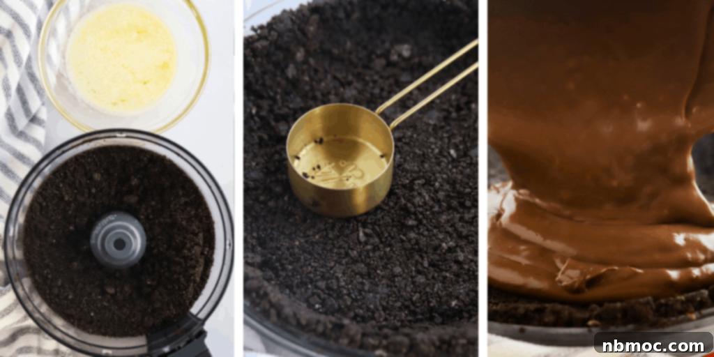 Velvety Chocolate Indulgence 5 Making oreo cookie crumbs in a food processor, then mixing with butter and adding to a pie plate before pouring in the chocoltae pudding.