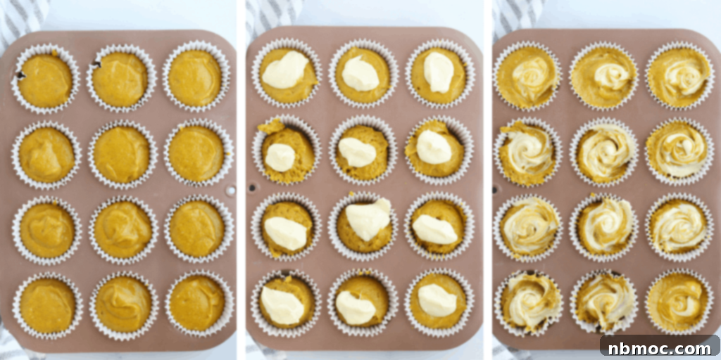 Three sequential photos illustrating the process of swirling cream cheese mixture into pumpkin muffin batter in a muffin tin.