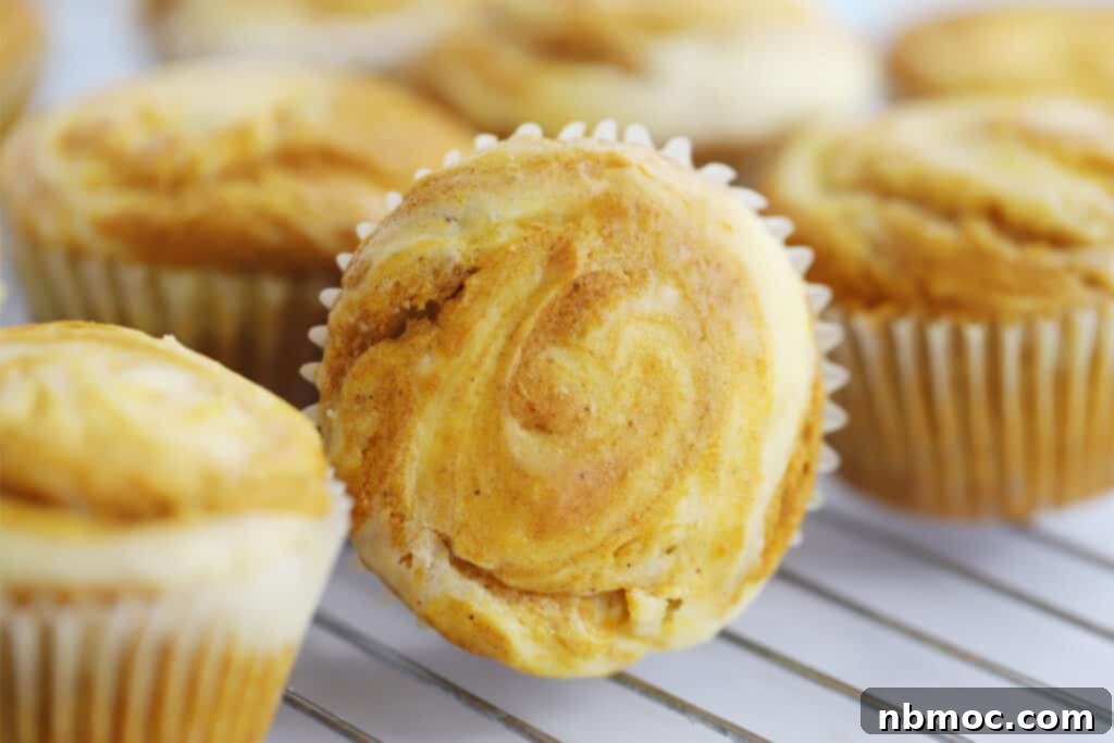 Freshly baked pumpkin cheesecake muffins cooling on a wire rack, ready to be enjoyed.