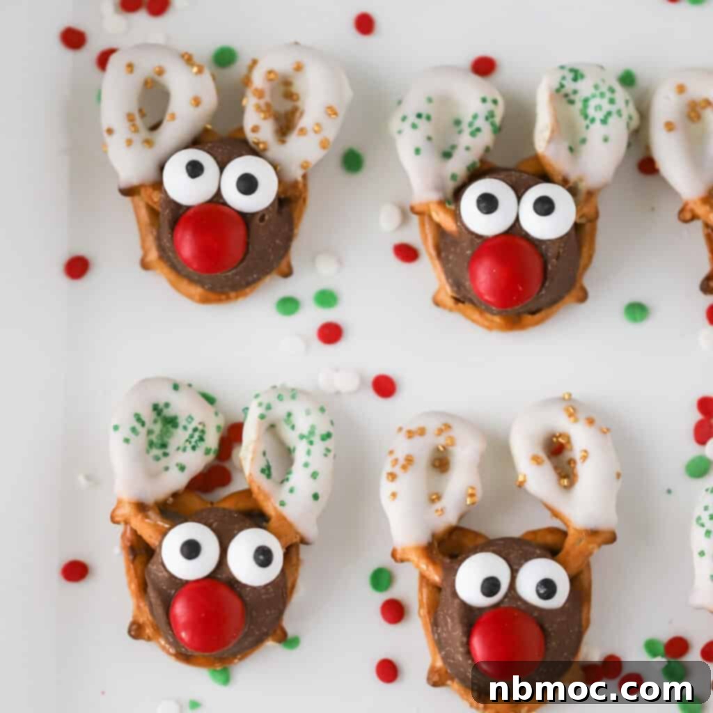 Homemade Christmas candies: adorable Rolo Pretzel Reindeer, an easy and festive candy recipe.