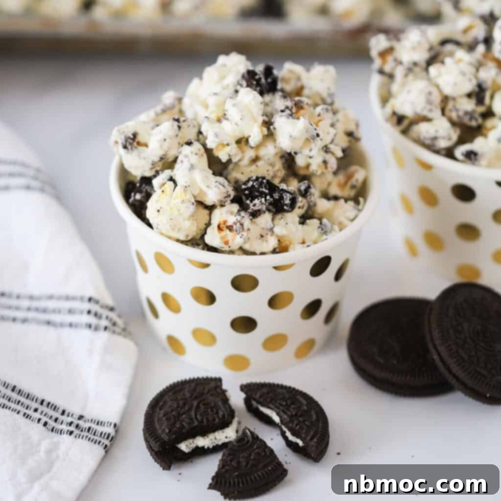 A close-up shot of delicious Oreo Popcorn, showcasing the white chocolate coating and crushed cookie pieces.