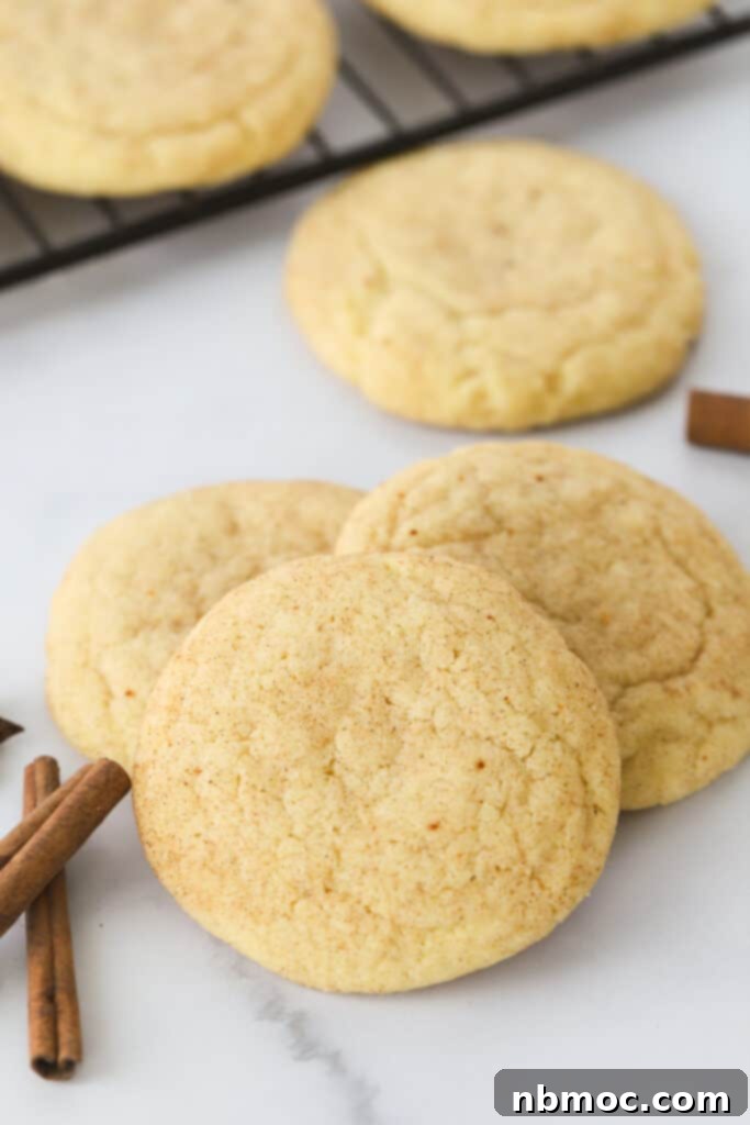A charming pile of freshly baked Pumpkin Snickerdoodle cookies, coated in pumpkin spice sugar, resting on a rustic countertop.