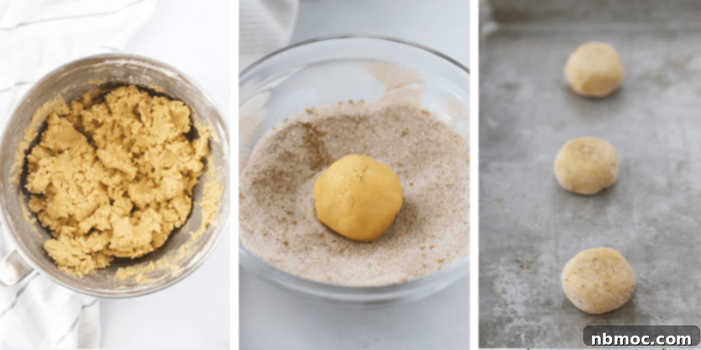A step-by-step visual showing cookie dough in a bowl, a single dough ball rolled in pumpkin spice sugar, and several dough balls arranged on a baking sheet, ready for the oven.